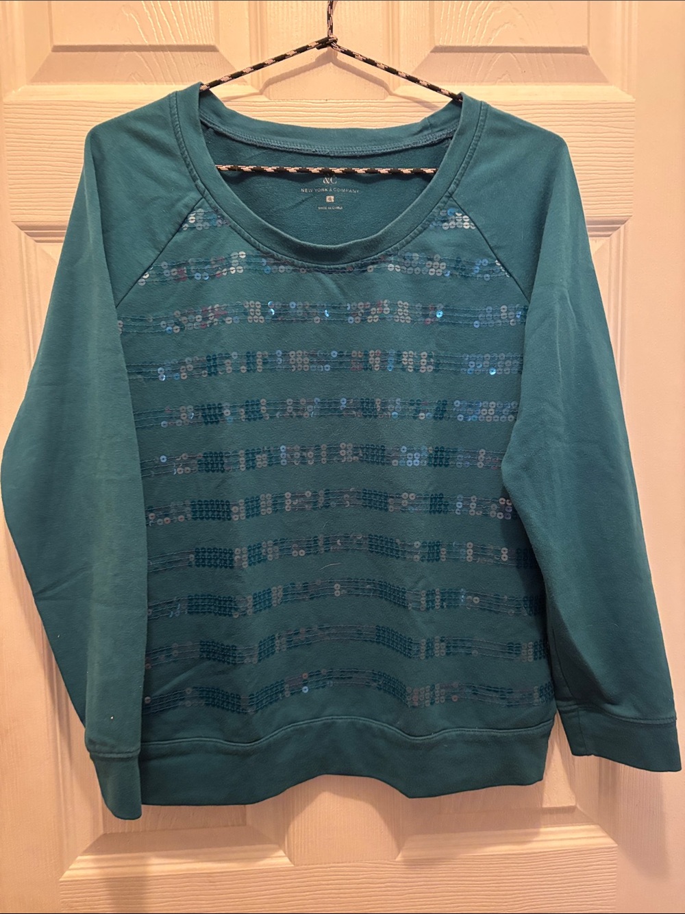 New York & Company Teal Sequined Stripe Crewneck Sweatshirt